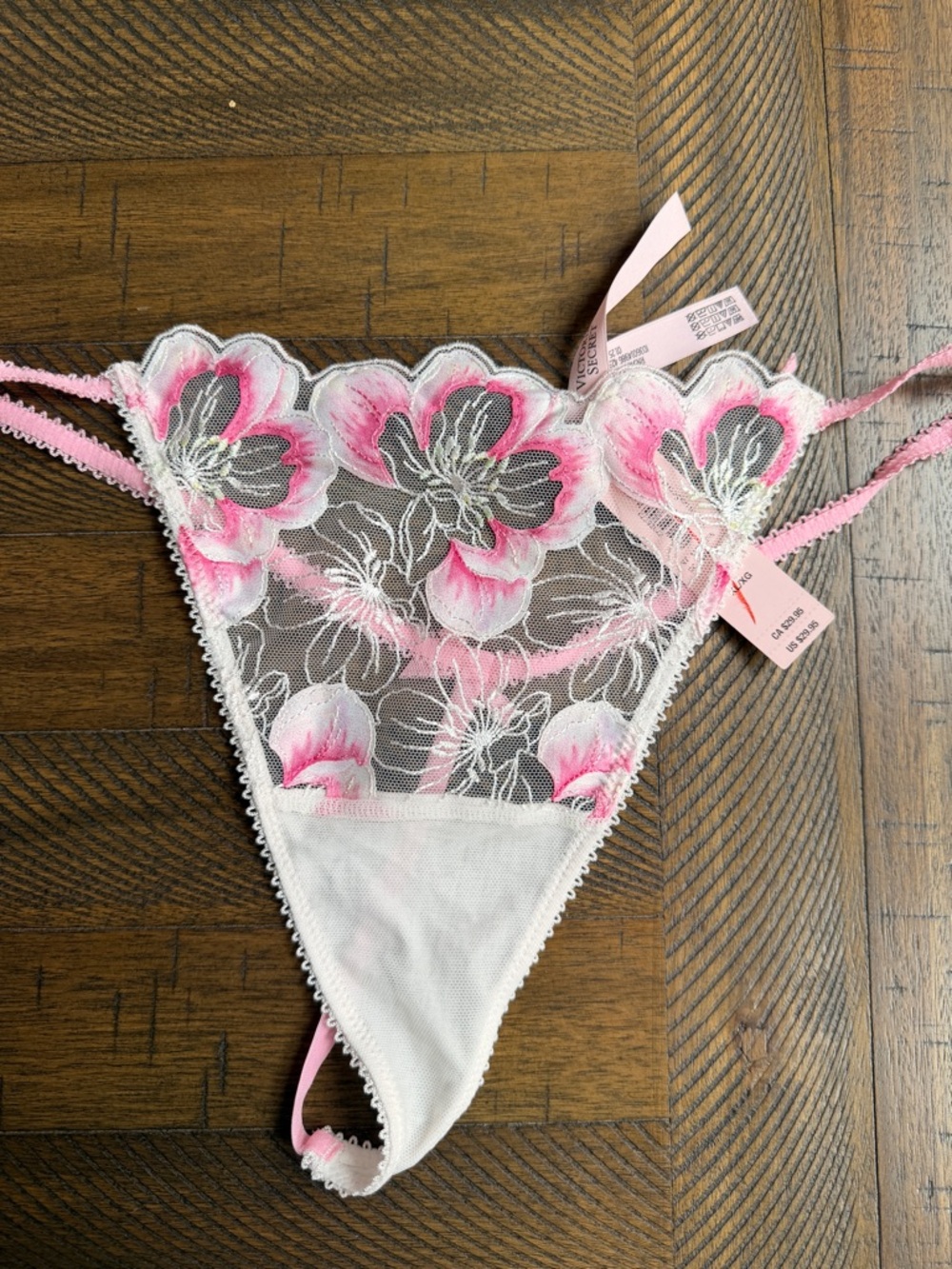 Victoria's Secret Floral Lace Thong Pink White Sheer Embroidered Lingerie NWT XL